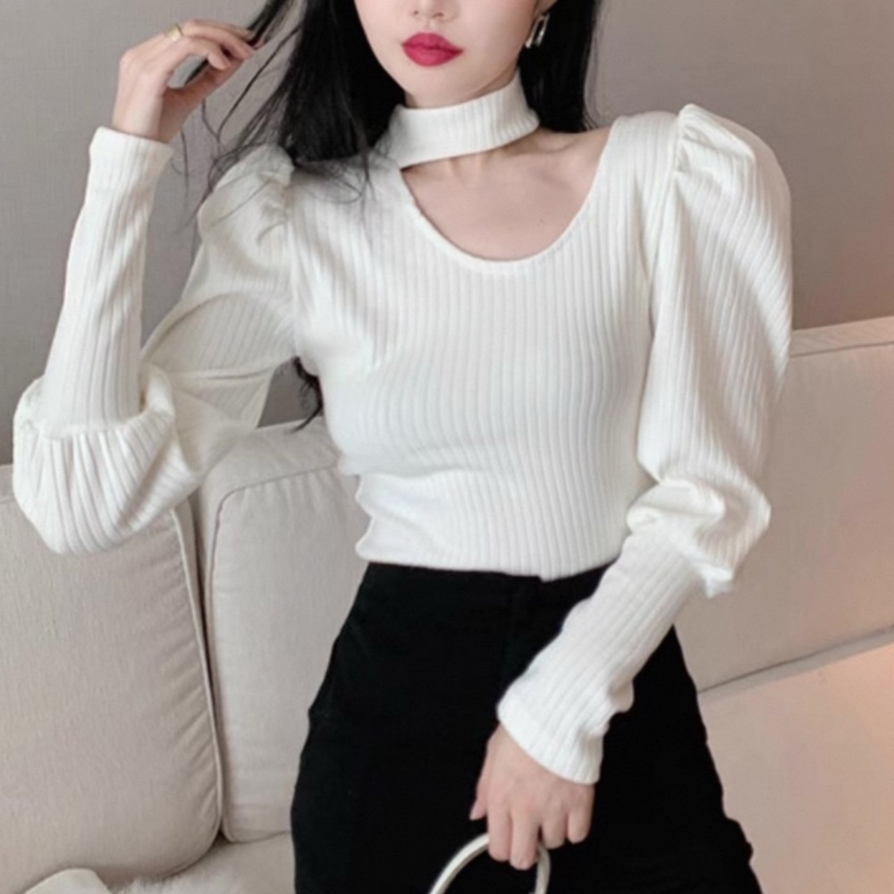 Elegant White Ribbed Choker Sweater